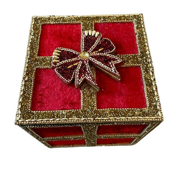 Red Velvet Gold Sequin Christmas Present Gift Box w/ Bow & Lid 7in Holiday Decor - Picture 12 of 15